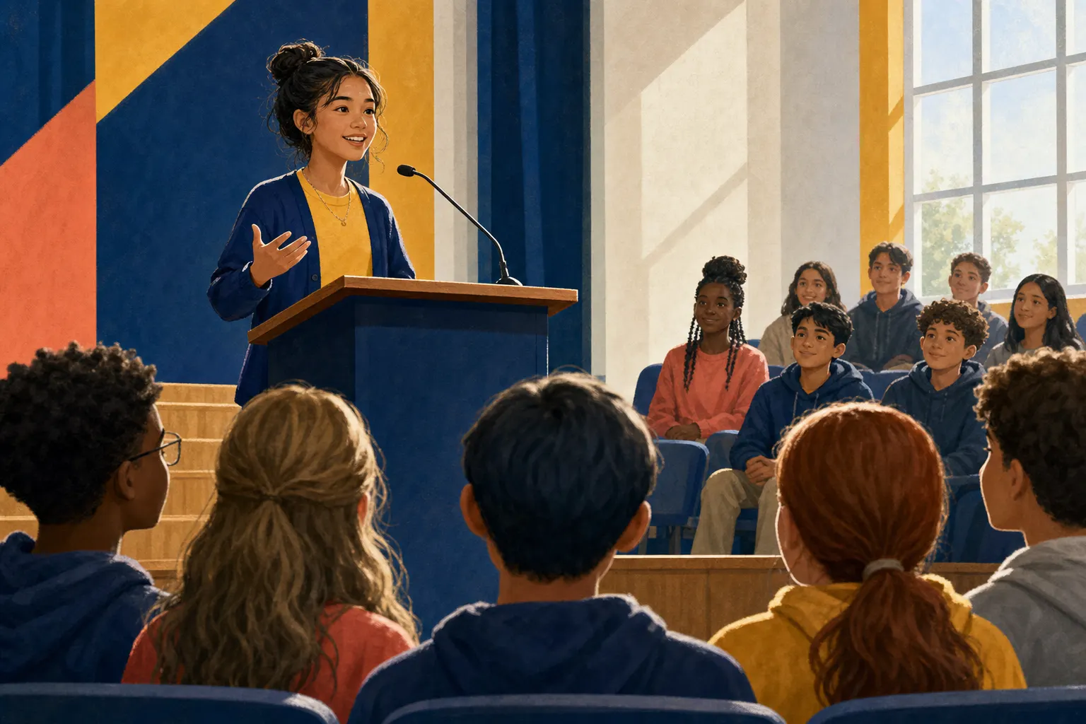 AI-generated illustration of a fictional student speaking to a school audience