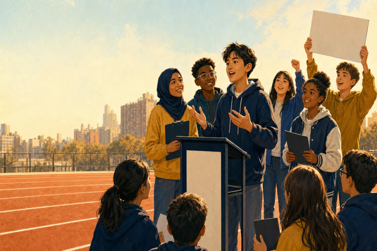AI-generated illustration of fictional students participating in an outdoor debate