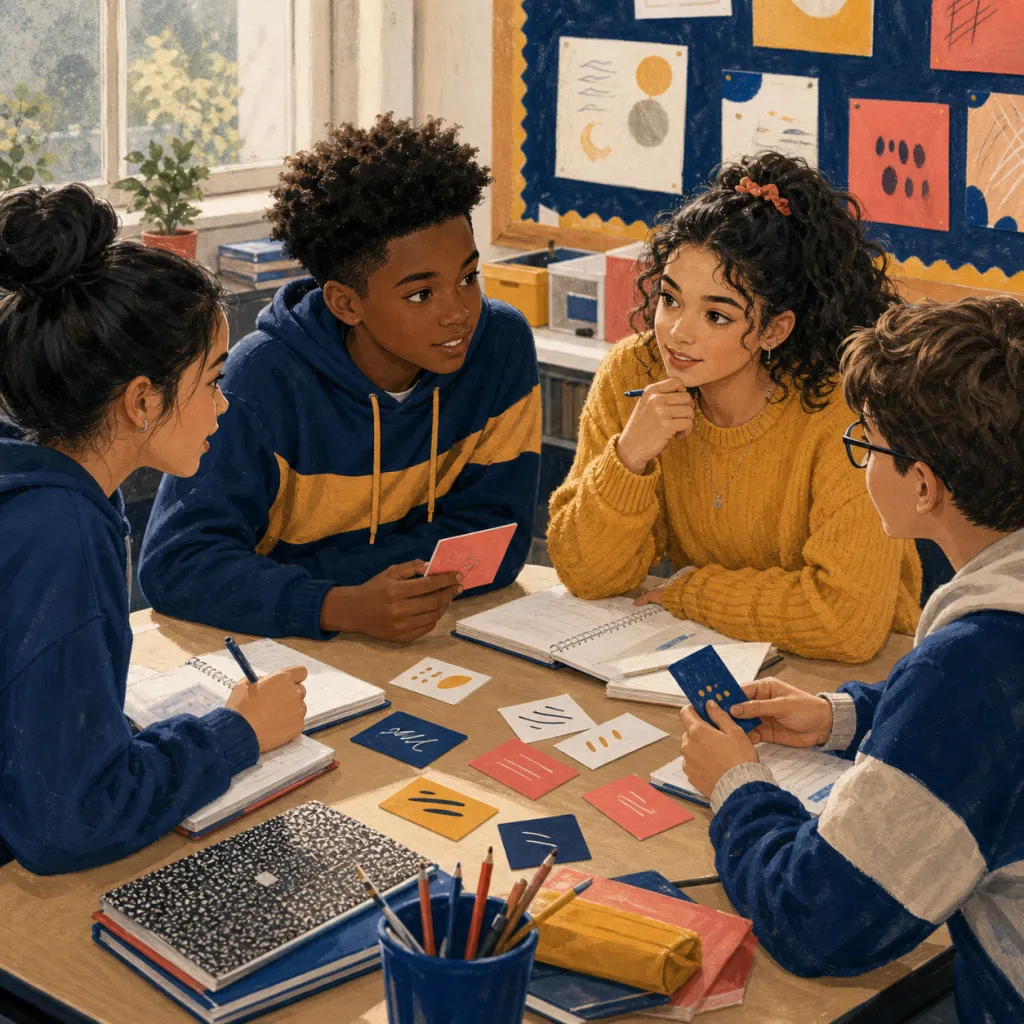 AI-generated illustration of fictional students collaborating in class